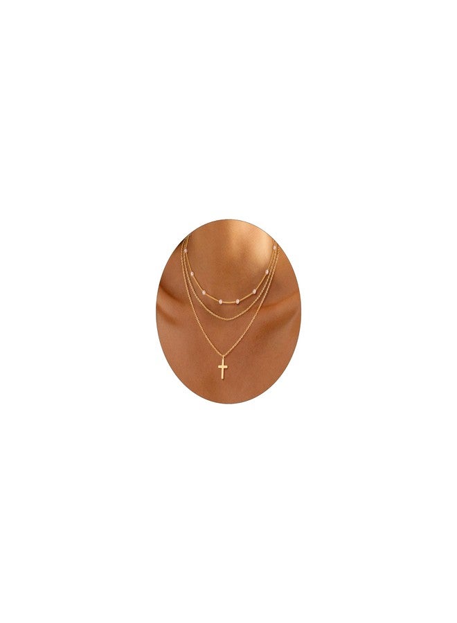 ASCOMY Layered Necklaces for Women Dainty Necklace 14K Gold Plated Pearl Necklace O Chain Necklace Cross Pendant Chain Necklace Simple Necklaces for Women Everyday Jewelry Gift - Image 1